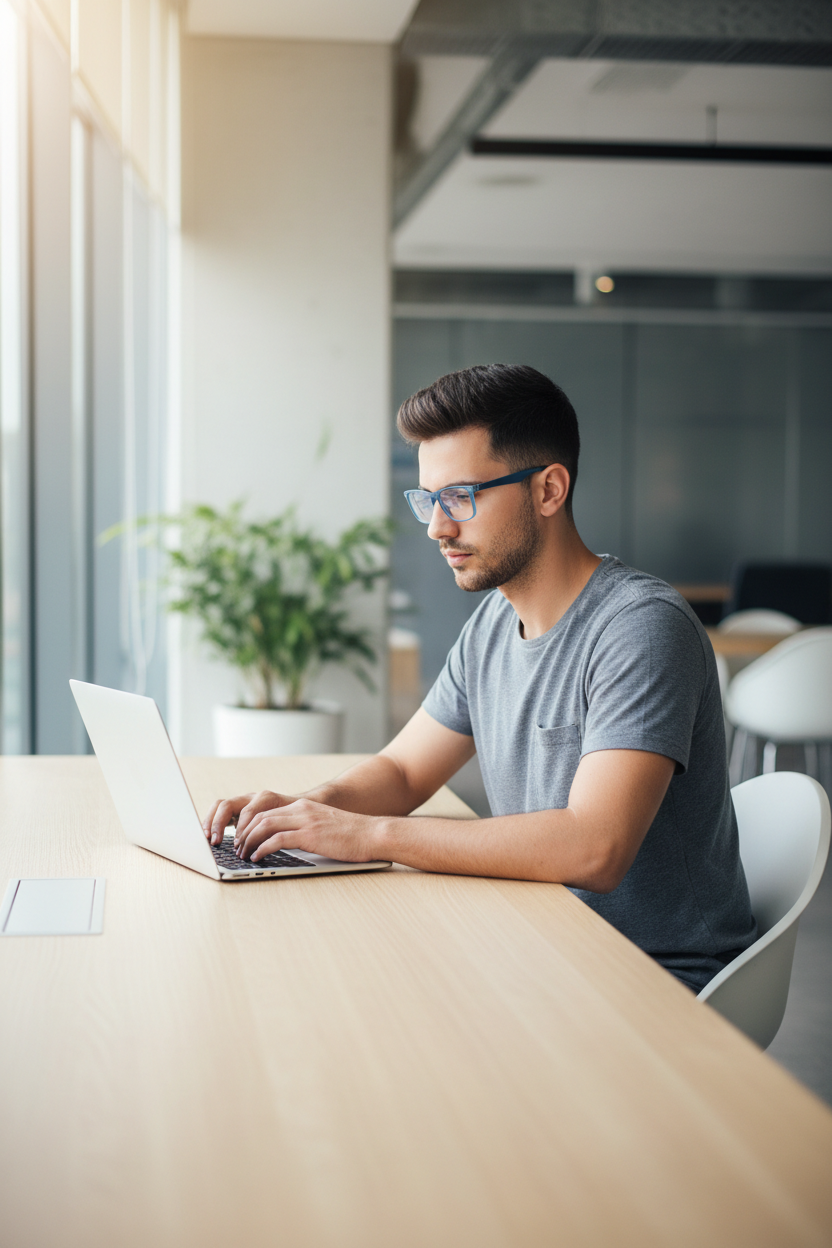Man wearing Lenskart BLU glasses working on laptop in office