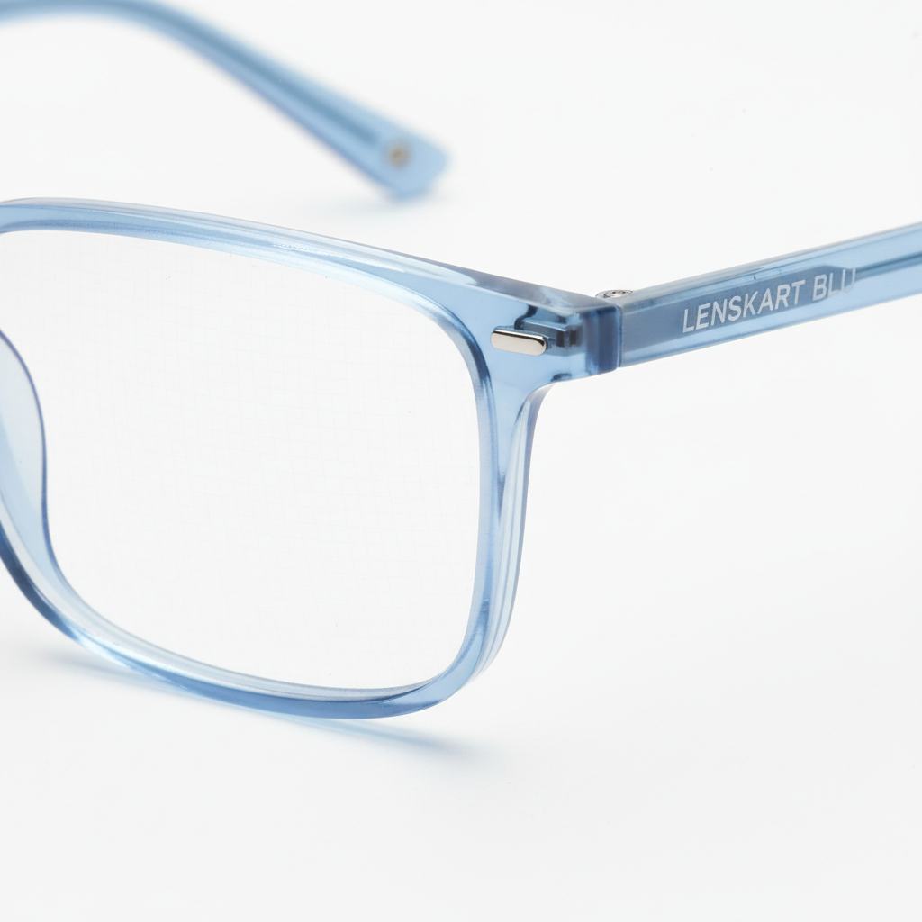 Close-up lens detail of Lenskart BLU blue cut glasses